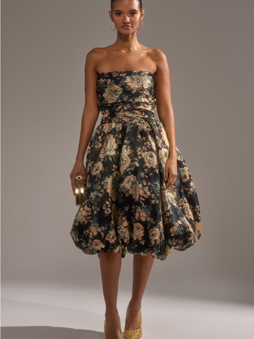 AKIRA Black Strapless Floral Bubble-Hem Dress - Picture 3 of 4